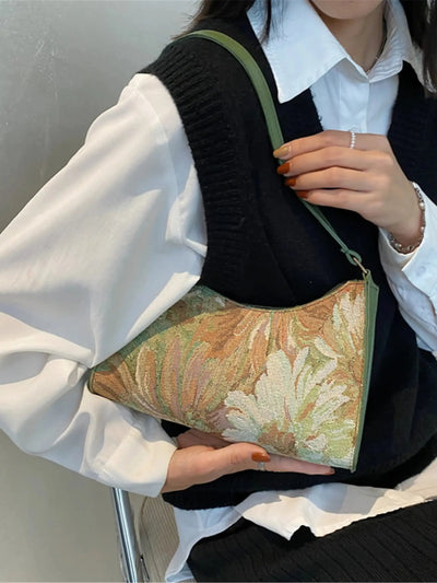 Philine – Retro Blomstret Skuldertaske i Tapestry Læder