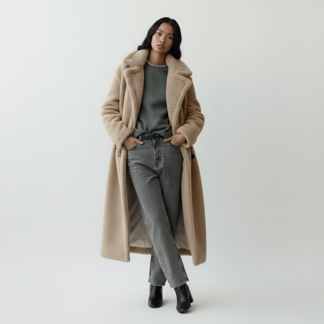 Lang teddyfrakke til kvinder | Med knaplukning