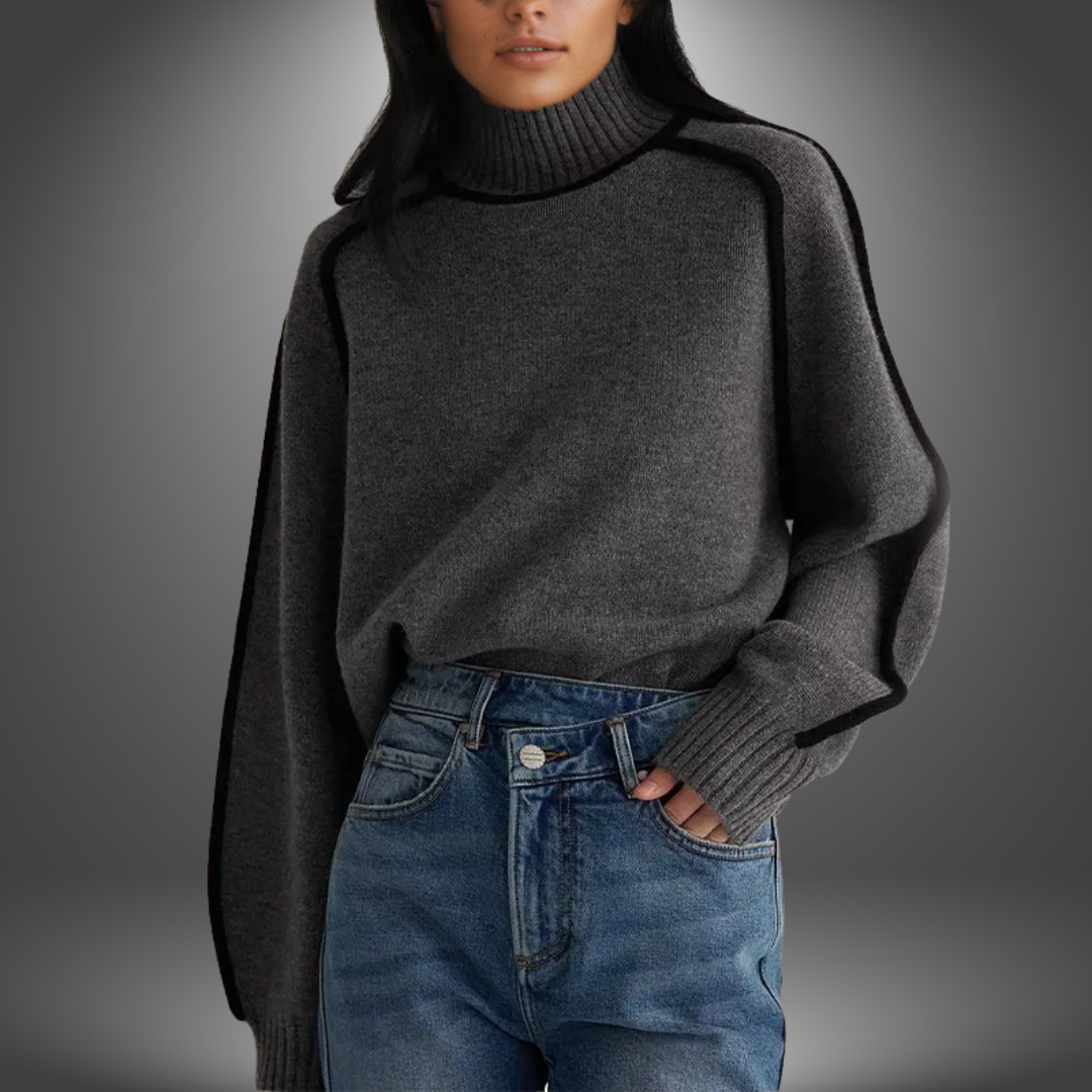 Laura | Striktrøje med Broderede Detaljer – Chic Højhalset Sweater