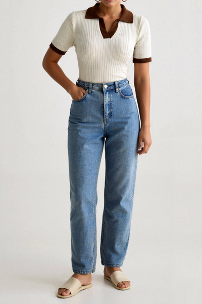 Stilfuld Ribbet Krave Strikket Top med Farveblok i Polo Shirt Design Dame