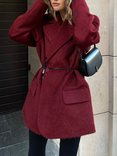 Ella | Rød Uld Vinterfrakke i Plus Size med Taljebånd Frakke Dame