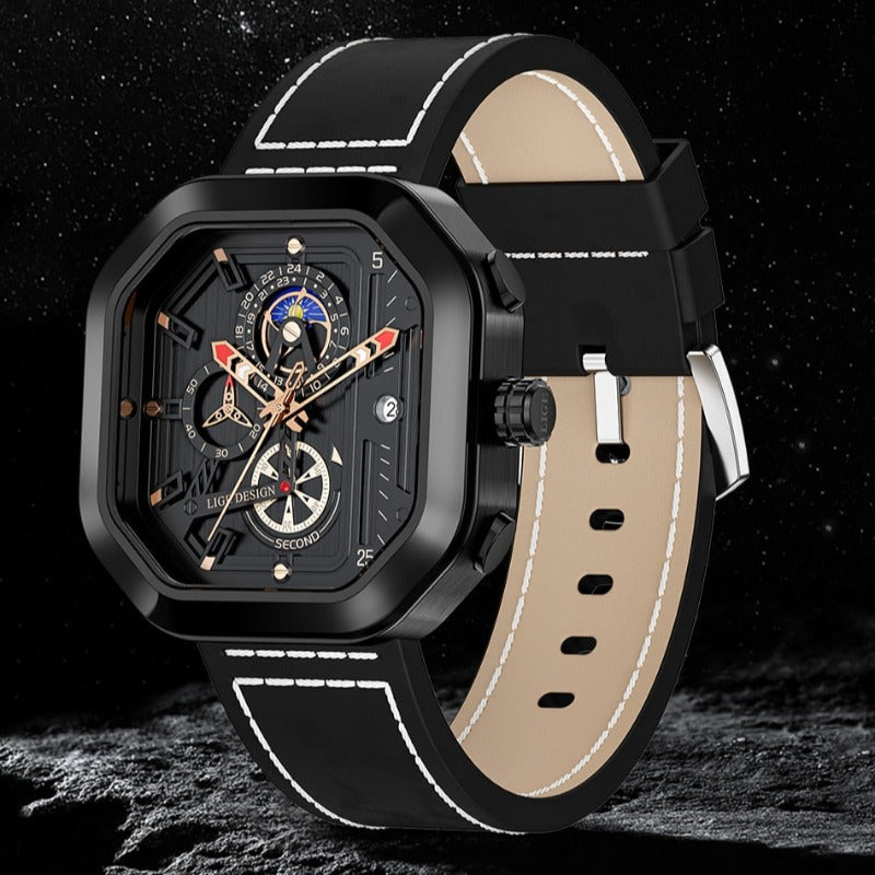 Luksus kvarts chronograf herreur – elegant analog sportsur med læderrem og stål case